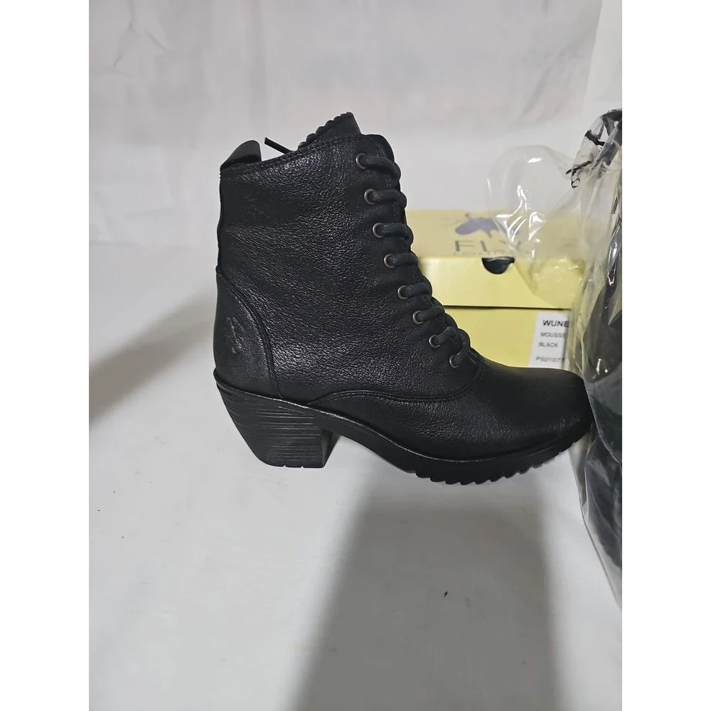NIB Fly London Wune077 Fly Women's Black Leather Lace Up Ankle Boots EU 39